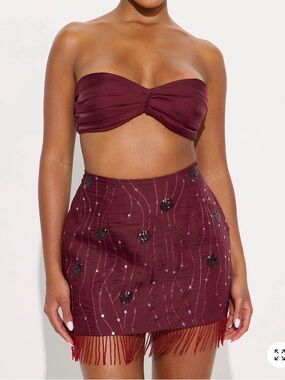 Strapless Burgundy Sequin Fringe Mini Skirt